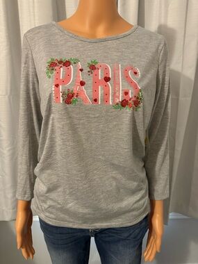 Cute Sweet Violet size L gray 3/4 sleeve floral Paris pullover shirt rouched